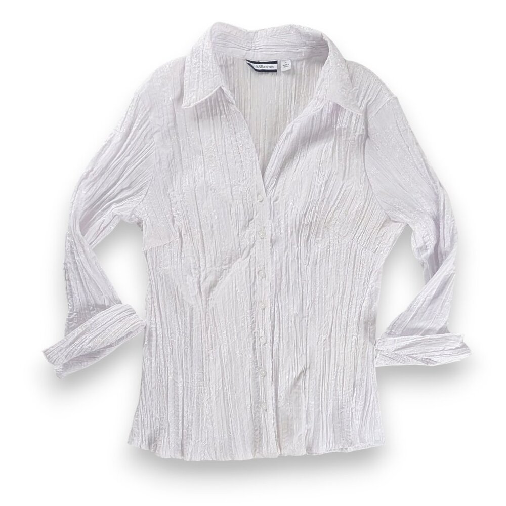 Y2k White Crinkle Fabric Long Sleeve Button Up Collared Floral Embroidered Top